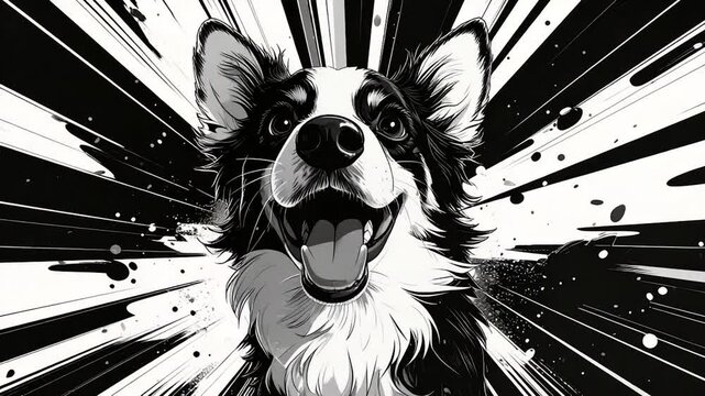 A monochrome illustration of a dog with stylized black and white effects