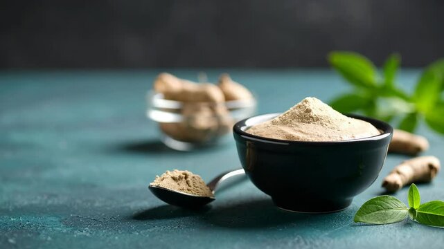 Herbal supplement powder in a black bowl with a metal spoon and fresh roots on a dark textured teal surface
