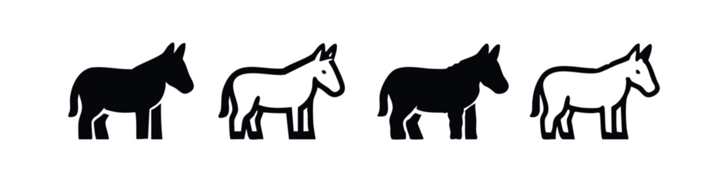 Donkey Icons Set. Farm Animal Silhouettes and Outlines. Livestock Vector Illustrations.