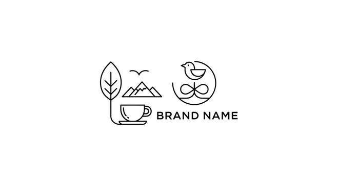 Minimalist Line Art Logo Design with Coffee Cup, Leaf, Mountains, and Birds for Nature-Inspired Brand