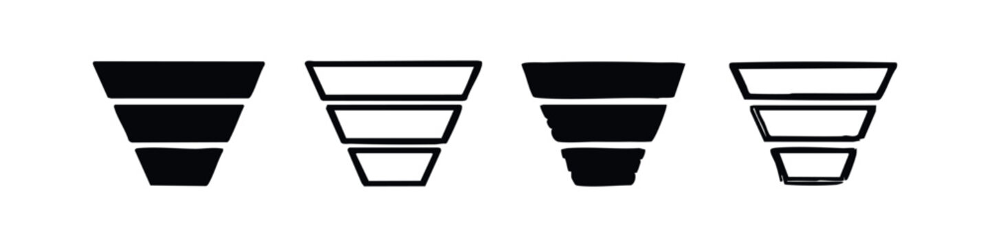 Data funnel vector icon set. Sales process and filtering symbol. Business analytics concept.