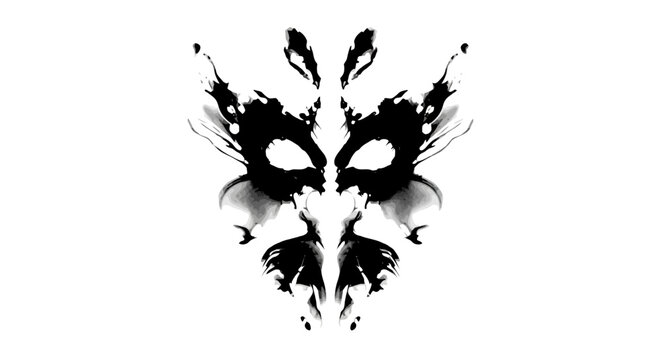 Abstract Symmetrical Black Inkblot on White. Mysterious Rorschach-style design suggesting a mask, face, or creature.