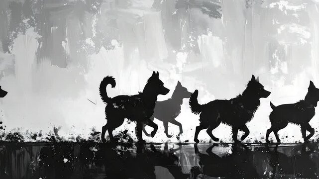 Silhouettes of dogs walking in a row against a textured, grayscale backdrop