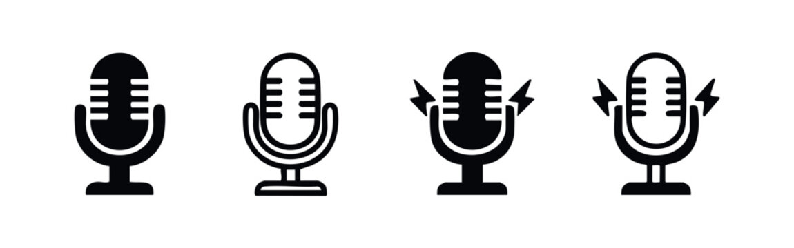Set of microphone icons with lightning bolts, live podcast and broadcast symbols