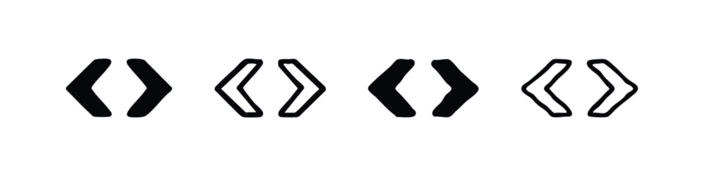 Collection of code bracket icons, programming and web development symbols in multiple styles