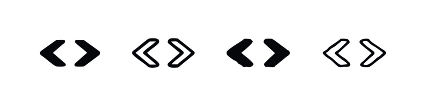 Set of angle bracket icons, coding and programming symbols in solid and outline styles