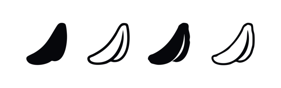 Abstract curved organic banana or comma shapes icon set, minimalistic solid and outline vector elements.