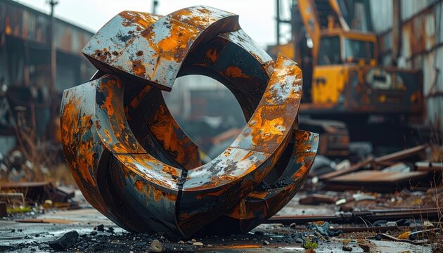 Tarnished interlocking metal components forming an abstract menacing sculpture with industrial machinery in background