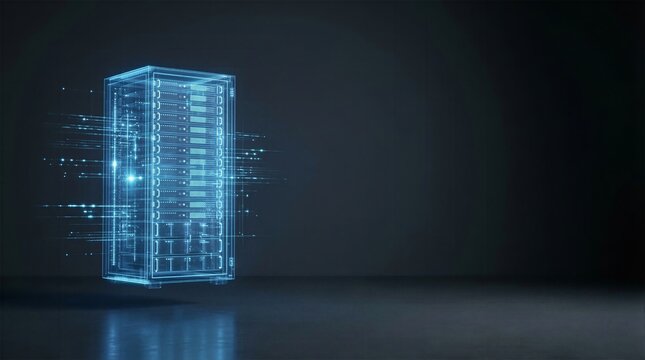 Futuristic data center server rack with digital wireframe visualization and glowing particles on dark background for cloud computing and database hosting security concept