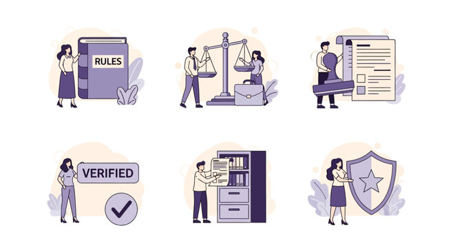 Six flatstyle illustrations related to law rules verification and security