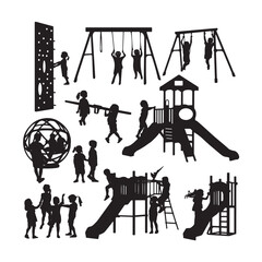 Children Playing on Playground Equipment Silhouette Set