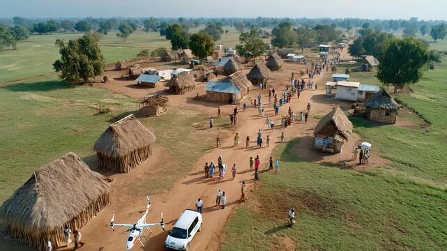 Village Community: An aerial perspective of a bustling village, revealing traditional homes nestled within a vibrant community. Capturing the essence of daily life, unity, and shared experiences.