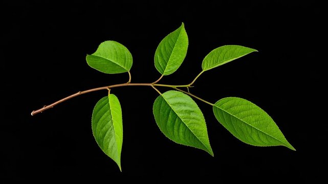 Single green cherry tree branch with vibrant leaves isolated on black background studio shot