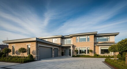 A Newly completed resin driveway installation at a detached house,wide-angle exterior view of a large modern luxury house with a tan brick facade, a grey double garage door, and a sprawling paved driv