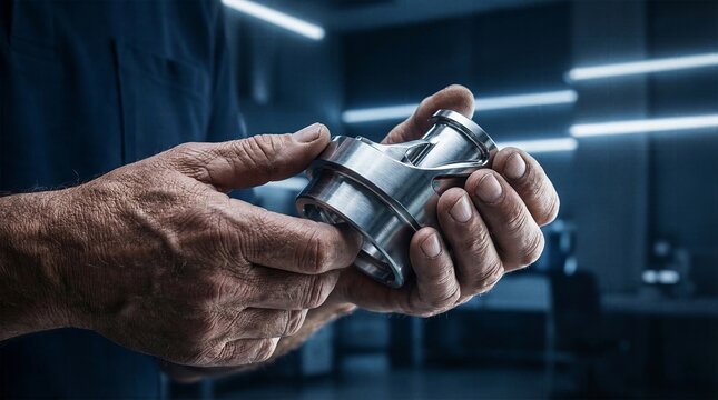 Close up of experienced technician hands inspecting high precision aerospace metal component in factory for quality control and aerospace mechanical production management