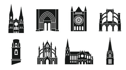 Chartres Cathedral Vector Icon Set &ndash; Gothic Architecture Vectors Featuring Twin Towers, Rose Window, Flying Buttresses, Bell Tower, Church Facade, Arch Entrance, and Cathedral Profile