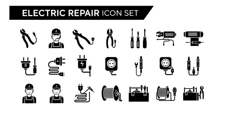 A professional minimalist vector illustration icon set for electric repair and maintenance services. This collection includes tools, electricians, and electrical equipment for industrial business.