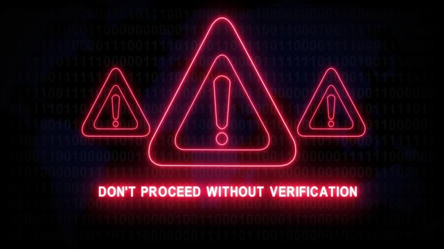 Don't proceed without verification alert warning. Cybersecurity defense and secure digital systems protection against cyberattacks. urgent threat notification 4k safety black background animation