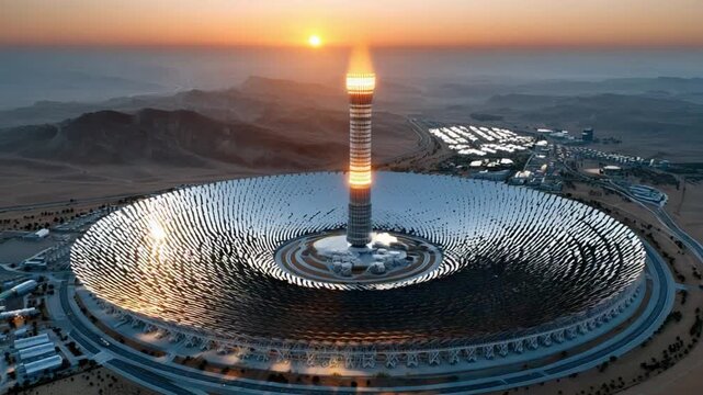 Solar Tower in Desert: A futuristic solar power tower gleams at sunset in a vast desert landscape, with a reflection of sun rays.
