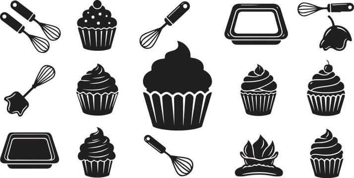 Black and white cupcake baking icons and utensils set