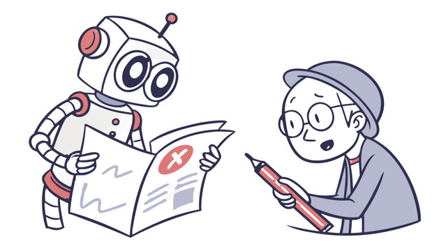 Robot and Man Confused by a Map with an X Mark, Illustration shows a confused man in glasses and a beanie kneeling on the right, holding a pencil, while a large-eyed robot on the left shows