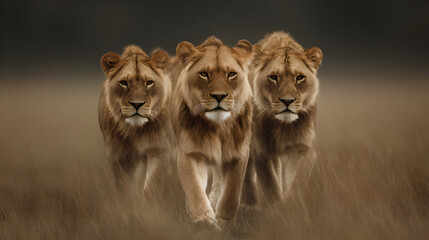 Naklejka premium Three Young Lions Walking Forward Through Dry Grass In Dim Moody Light 
