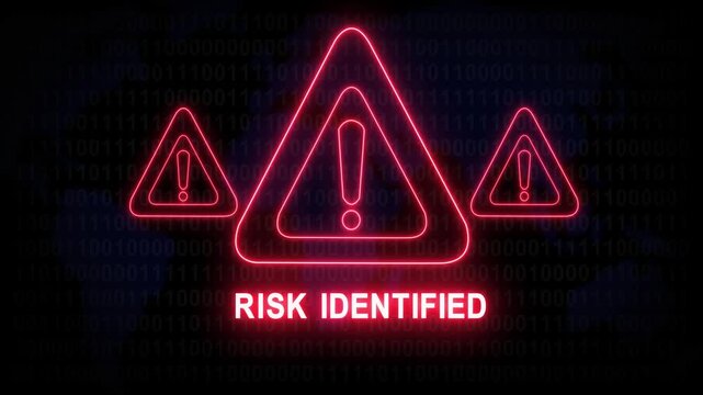 Risk identified alert warning. Cybersecurity defense and secure digital systems protection against cyberattacks. urgent threat notification 4k safety black background animation