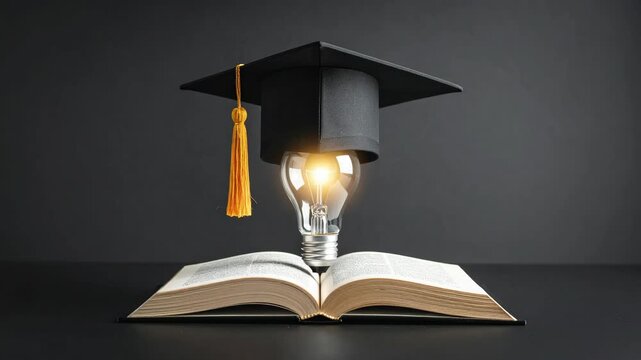 Creative education concept with glowing light bulb wearing mortarboard and tassel on open textbook against dark background