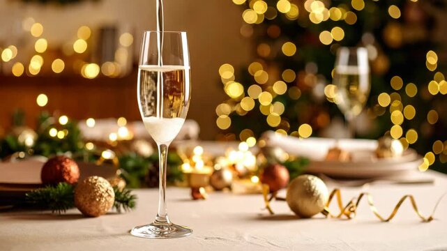 Champagne being poured into a glass flute on a festive Christmas table with golden bokeh lights and ornaments