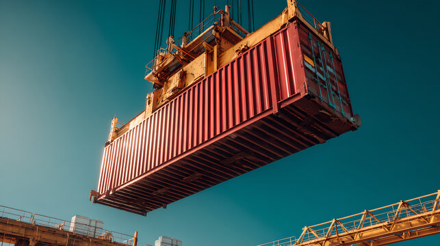 Heavy Cargo Crane Lifting Red Shipping Container at Logistics Port
