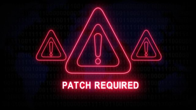 Patch required alert warning. Cybersecurity defense and secure digital systems protection against cyberattacks. urgent threat notification 4k safety black background animation