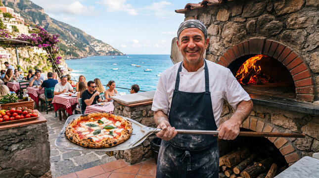 Pizzeria con forno a legna in riva la mare sulla costiera in estate