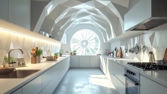 A modern white kitchen with geometric ceiling and large circular window