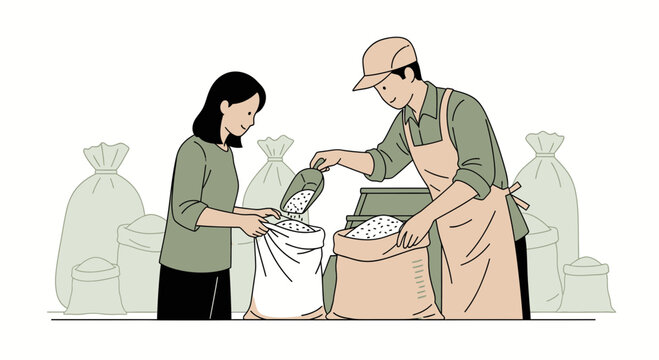 Customer buying rice from a vendor at a market, bulk food sale, healthy eating concept