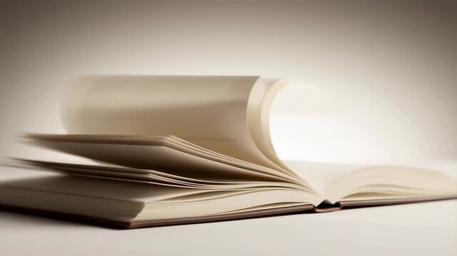 Slow motion static tracking zoom of open book pages flipping on tabletop in studio with soft warm lighting