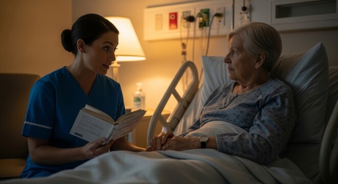 Nurse Reading to Elderly Patient in Hospital Room