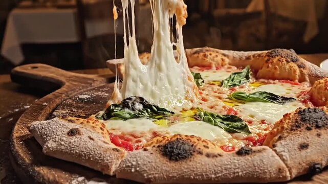 Ultra realistic close-up footage of a freshly cooked wood-fired pizza resting on a wooden board as a slice is slowly lifted, gooey mozzarella stretching and tomato sauce shimmering, 