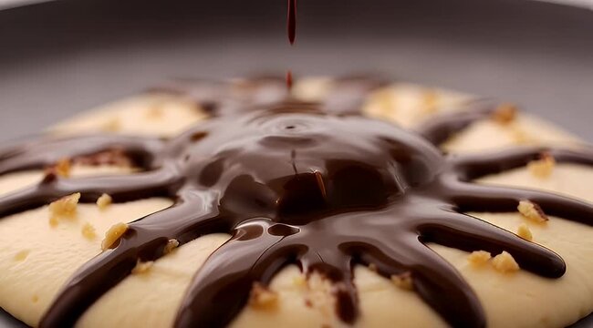 Rich dark chocolate being poured onto a decadent pastry with nuts