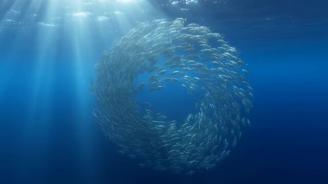 Aerial slow motion tracking shot of school of fish forming a swirling bait ball under sunlit ocean surface with visible light rays