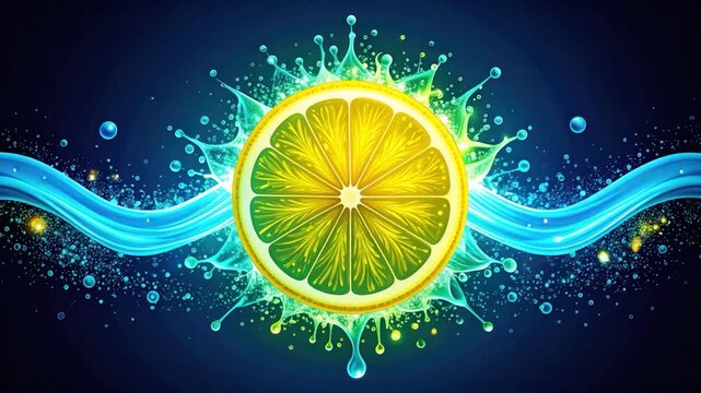 Slice of citrus exploding with water splashes against a gradient navy background