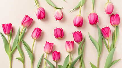 Obraz premium Beautiful fresh pink tulip flowers arranged on a light pastel background.