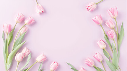 Obraz premium Delicate pink tulips forming a circular frame on a pastel pink background with copy space.