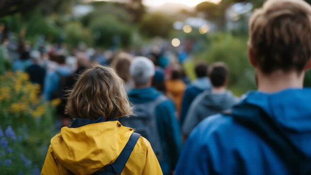 8Community gathering of diverse individuals walking through a city park, different ethnicities and generations represented, relaxed posture, colorful jackets and backpacks, autumn t