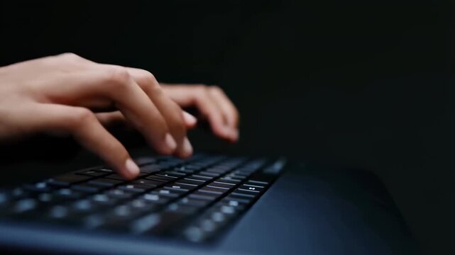 Tracking shot close up of hands typing on laptop keyboard in dark studio with shallow focus and low key lighting