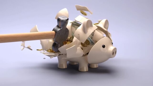 Slow motion close up tracking shot of ceramic piggy bank smashed with hammer sending coins and bills scattering on studio surface