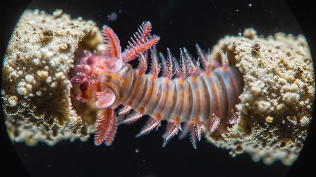 Macro shot of a colorful marine worm emerging from its sandy burrow