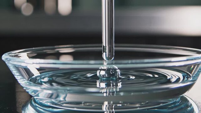 Water Impact Captured. Slow Motion Shot Of Water Droplet. High Clarity Image Of Droplet Ripples And Surface Tension. Detailed Closeup Of Liquid Droplets Interacting With Smooth Reflective Basin