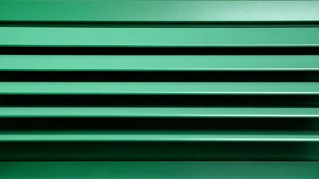 Green metal horizontal slats create a geometric pattern with repeating parallel lines and deep shadows on a flat surface