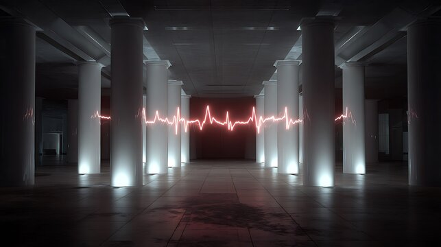 Glowing red ECG heartbeat line in dark marble corridor with medical technology concept
