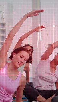 Vertical video: Center woman and group on cue lifting arms and bending on yoga mats under pink grid